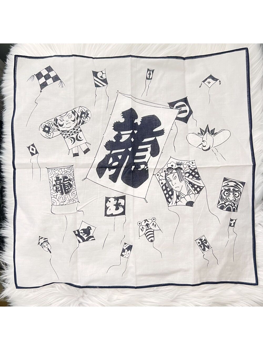 Japanese Kite Festival Scarf Navy White Daruma Folk Art Linen Look 16.5”